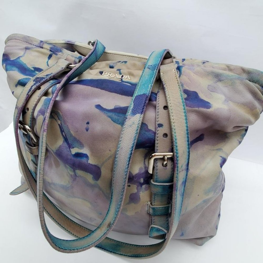 Prada Leather purse hobo tote bag tie dyed XL gray blue purple limited edition - Picture 5 of 16